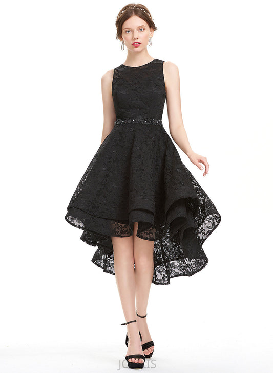 Lace Beading With Neck Homecoming Asymmetrical Scoop Abbigail A-Line Homecoming Dresses Lace Dress