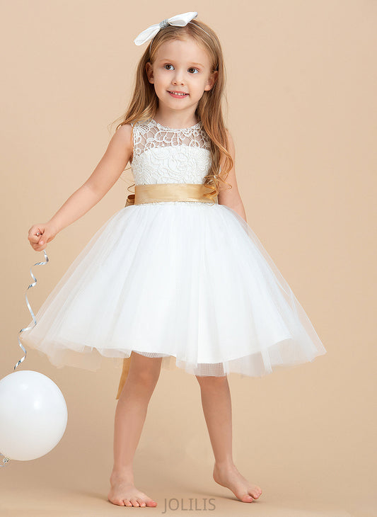 Scoop Dress Elliana Hole Sleeveless Girl With Neck Flower Girl Dresses Sash/Bow(s)/Back Flower - Satin/Tulle/Lace Knee-length A-Line