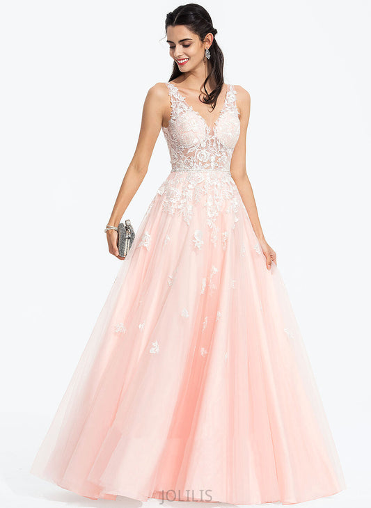 Prom Dresses Tulle Aryana Sequins Floor-Length Lace With Beading V-neck Ball-Gown/Princess