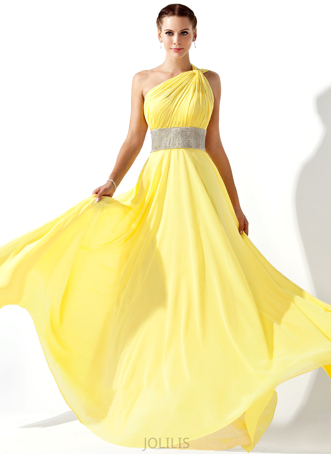 Floor-Length One-Shoulder Chiffon Kira With Ruffle Prom Dresses A-Line Beading