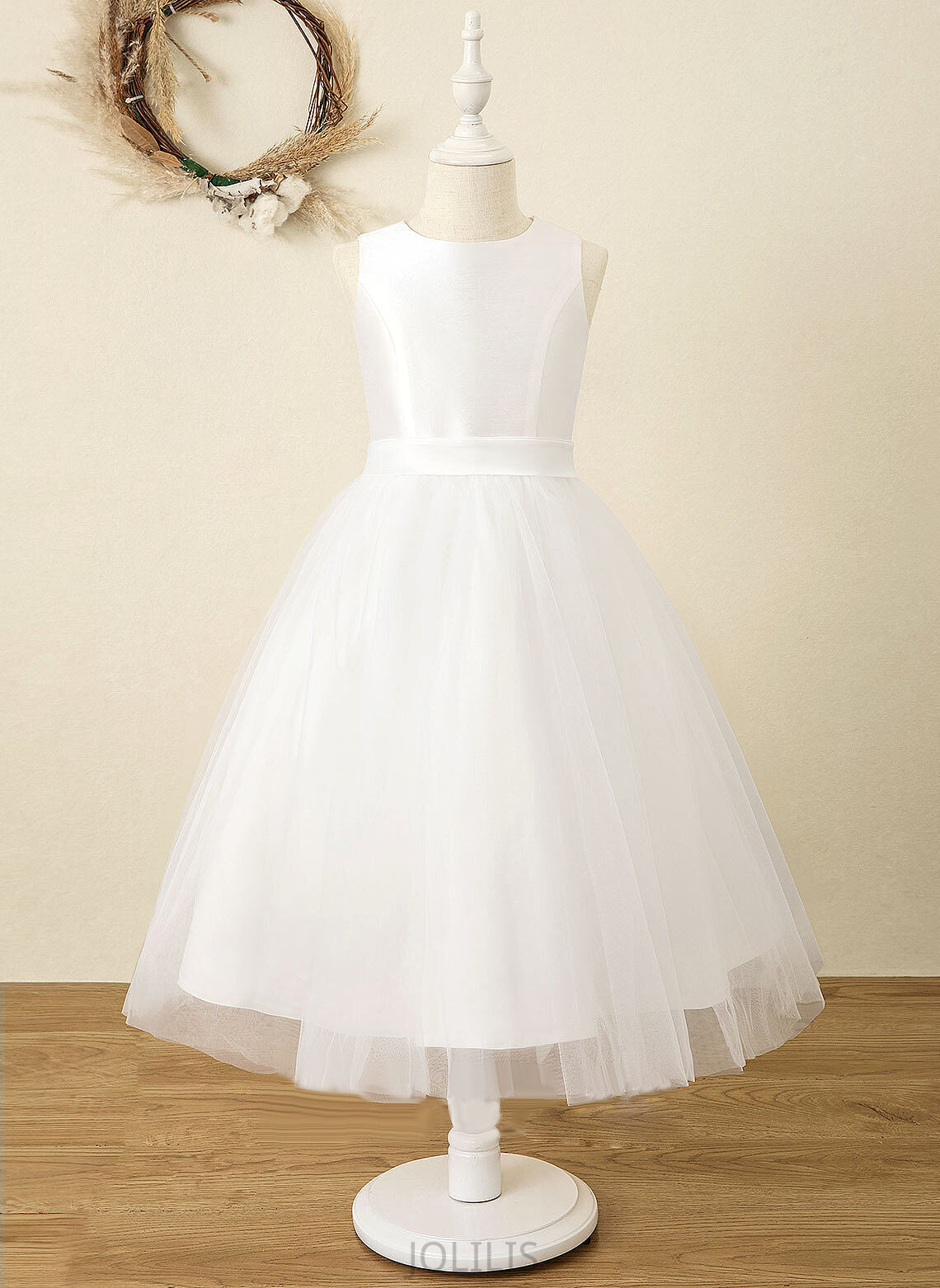 Flower Girl Dresses Dress - Tea-length Flower Girl Sleeveless A-Line Jaycee Scoop Satin/Tulle Neck