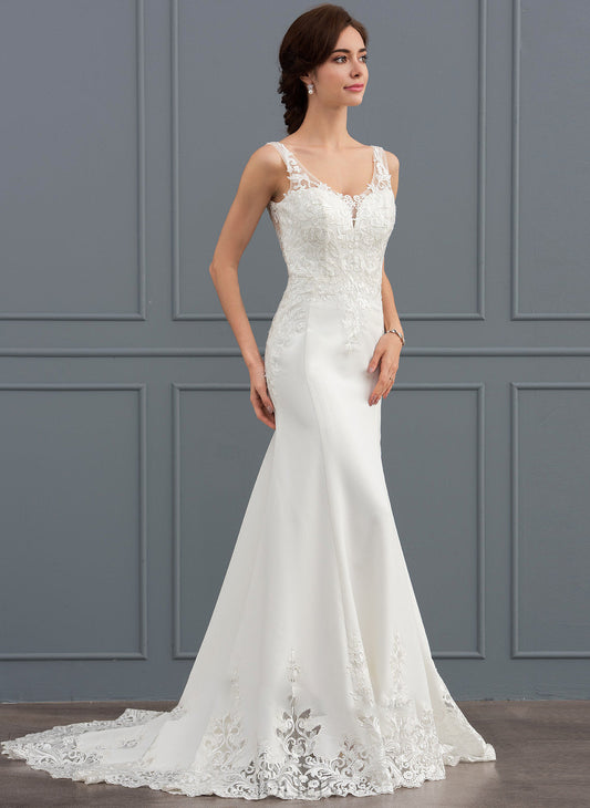 Lace Sequins Brielle Crepe Wedding Dresses V-neck Train With Trumpet/Mermaid Dress Court Wedding Stretch