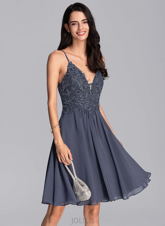 A-Line V-neck Homecoming Dresses Beading Knee-Length With Homecoming Melissa Dress Chiffon Lace