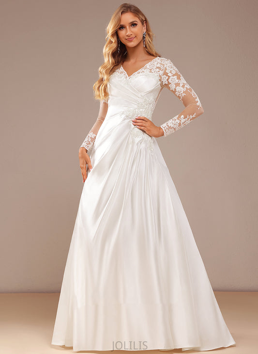 Lace Train Sequins V-neck Satin Lace Destiny A-Line Wedding Dress With Wedding Dresses Court