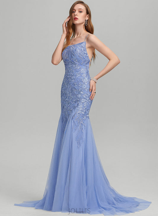 Sequins Prom Dresses Sweep With Square Kailee Trumpet/Mermaid Neckline Train Tulle