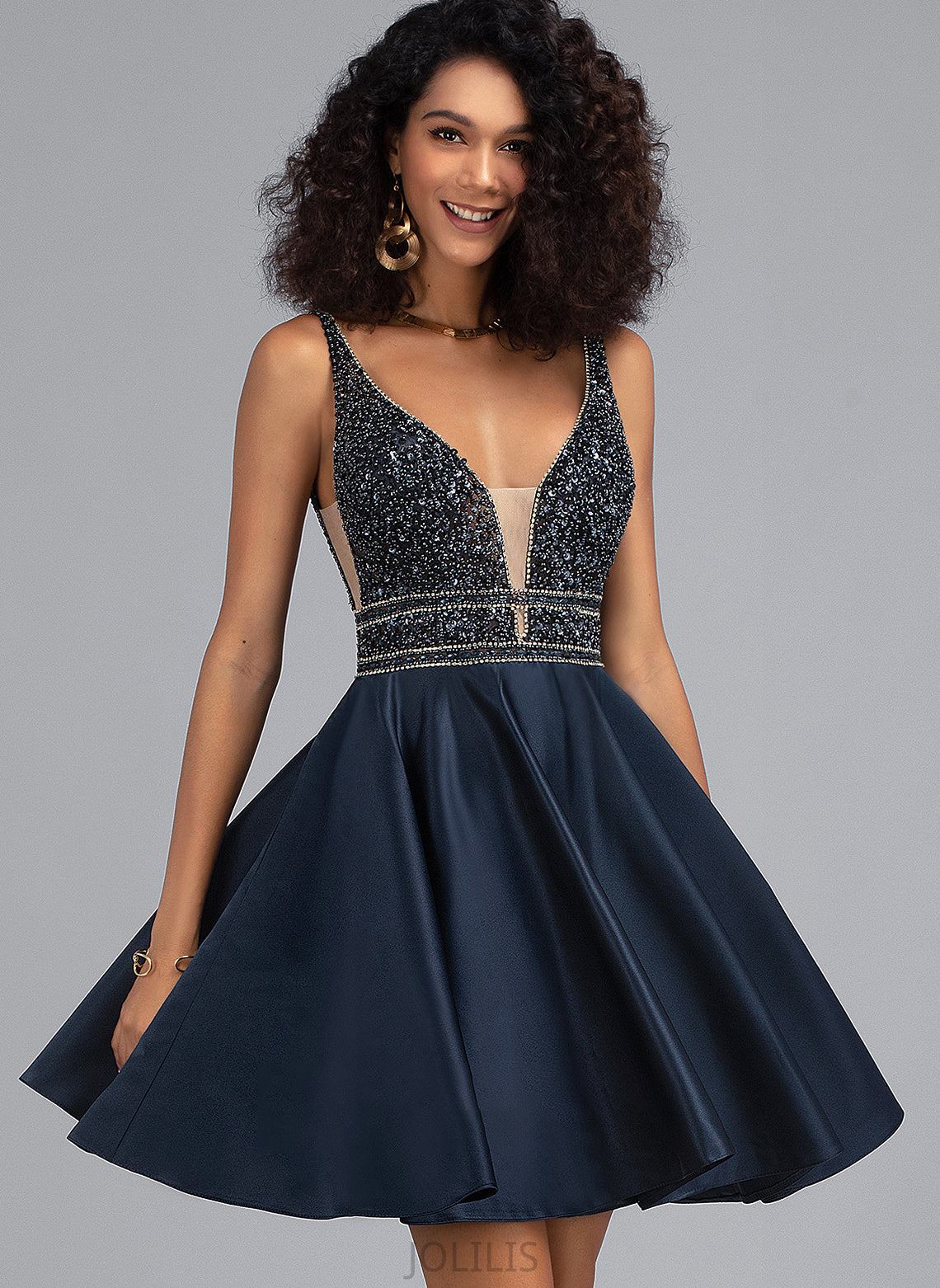 Beading A-Line Prom Dresses Short/Mini Satin With Xiomara V-neck Sequins