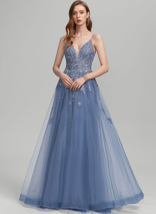 Sequins Floor-Length Danielle Tulle V-neck A-Line Lace Prom Dresses With