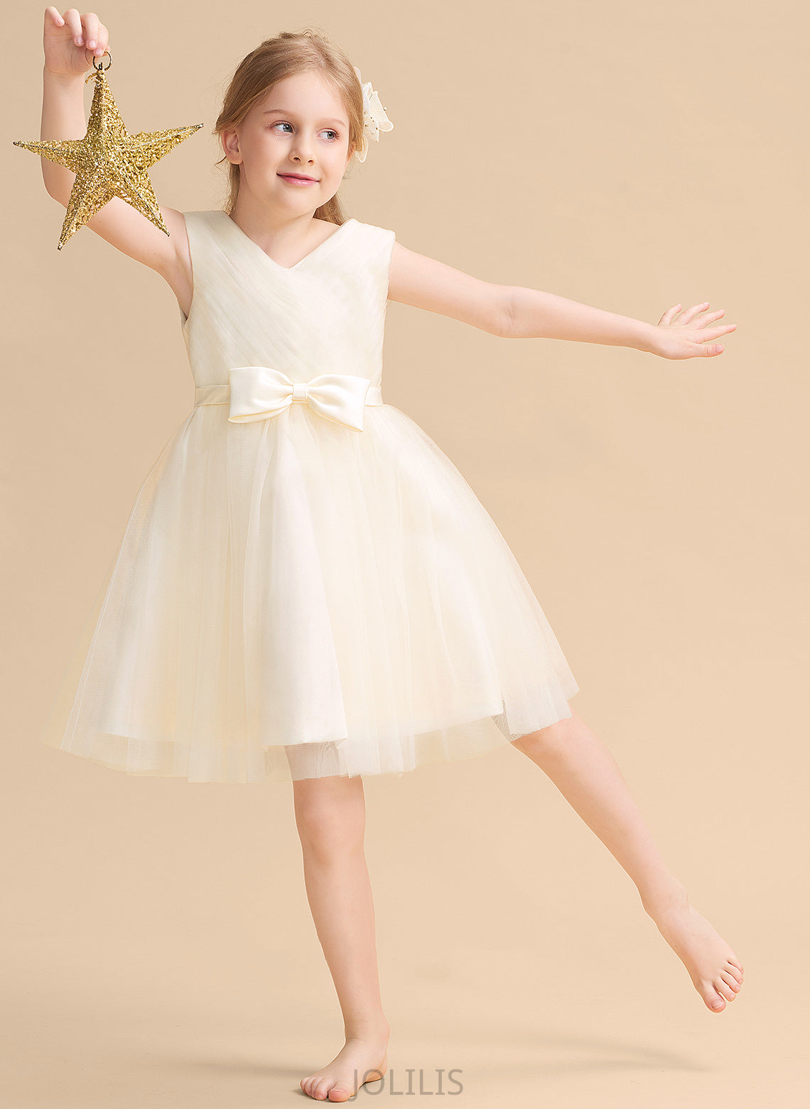 Knee-length - With Tulle A-Line Flower Girl Dresses Bow(s) Dress Flower Vicky V-neck Girl Sleeveless