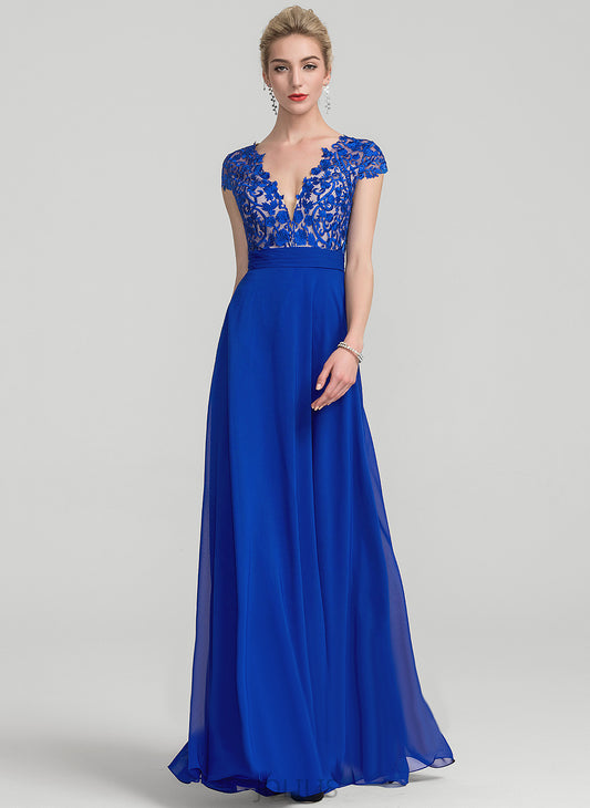 V-neck Prom Dresses Chiffon A-Line Floor-Length Laci Lace