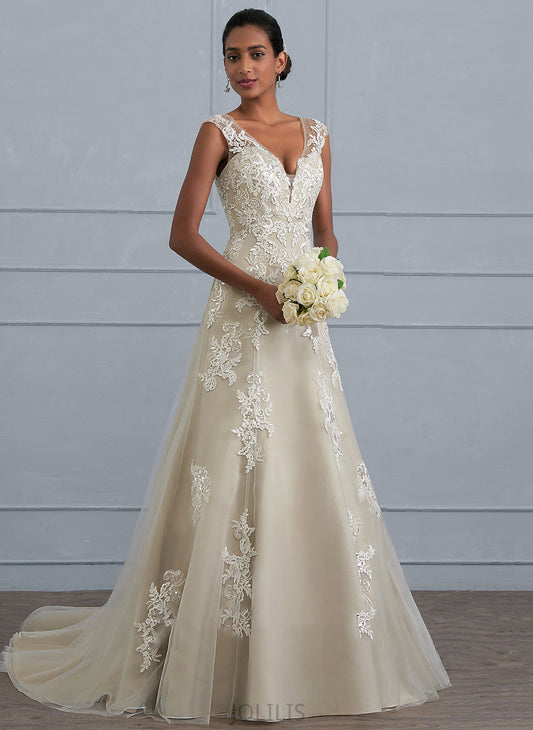 A-Line Sequins Court Train Jayda Dress V-neck Beading With Wedding Dresses Wedding Tulle Lace