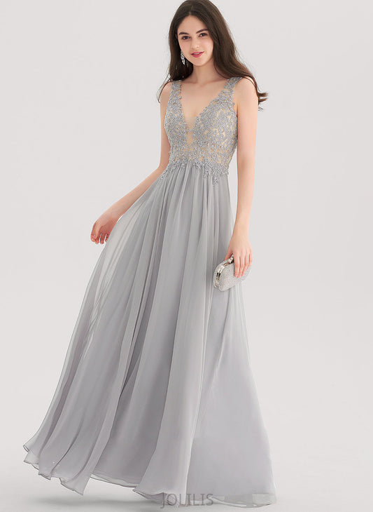 A-Line Floor-Length Beading Prom Dresses Karly Sequins Chiffon With V-neck