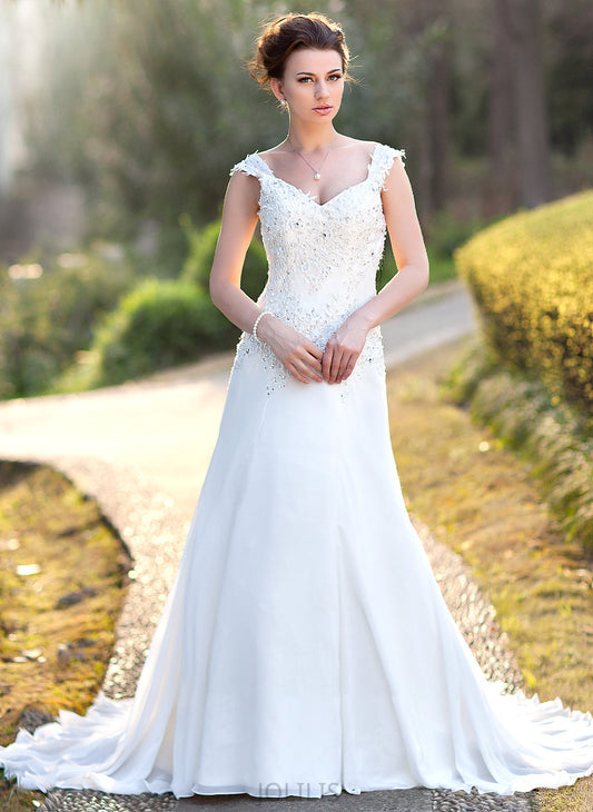 With Wedding Court Chiffon Sequins Train Dress Wedding Dresses Julie Beading V-neck Lace A-Line