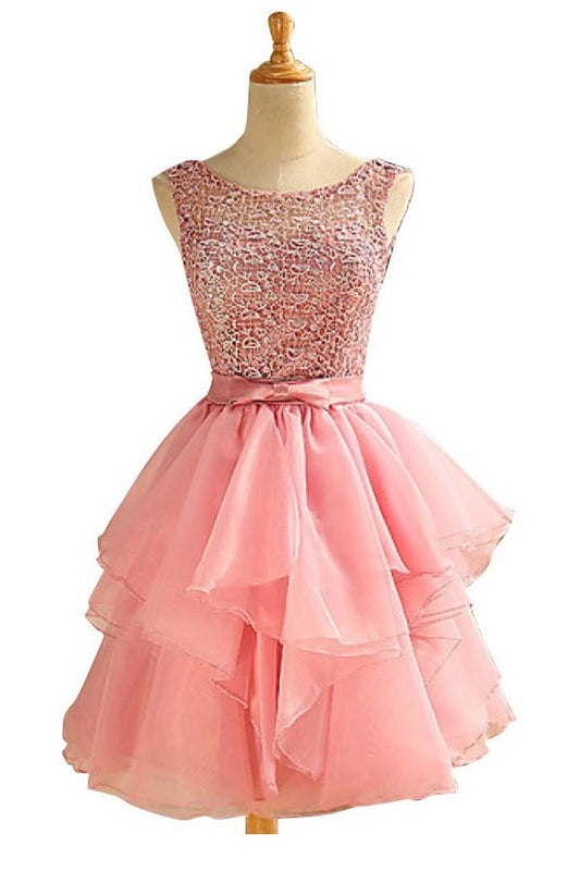 Scoop Above-knee Pink Chiffon  Homecoming Dresses With Lace Ruched ED66