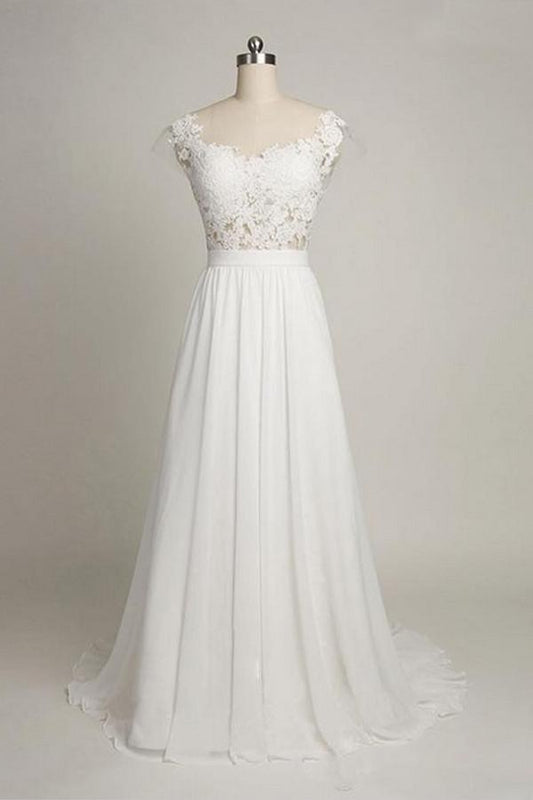 Cap Sleeves Sweetheart Long Chiffon Wedding Dress with Lace