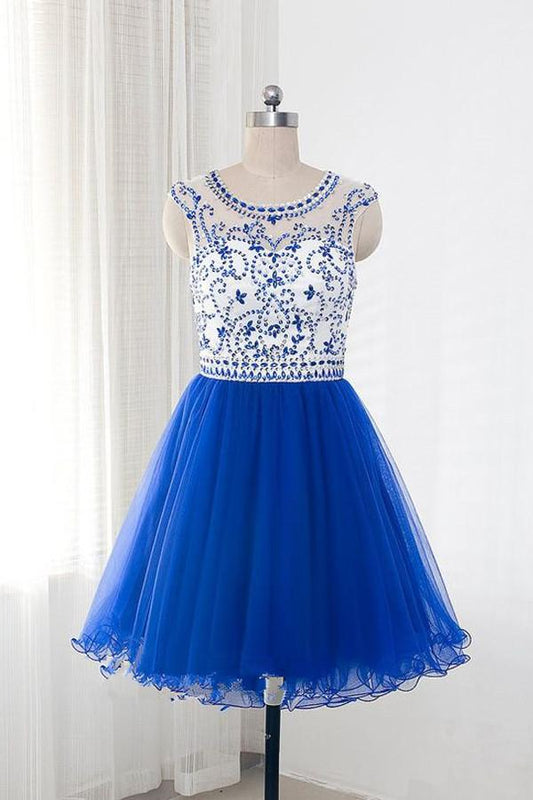 Royal Blue Tulle  Sleeveless Homecoming/Prom Dresses With Beading ED68