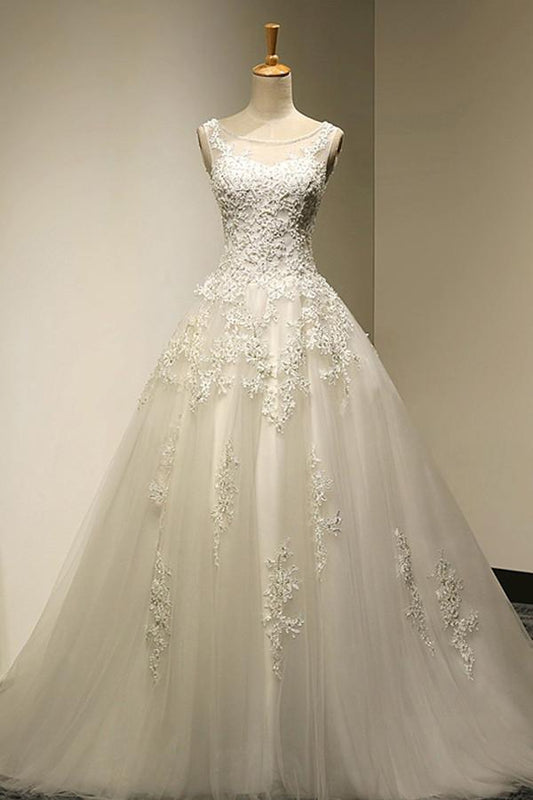 Scoop Court Train Tulle Backless Lace-up Wedding Dress with Beading,Ball Gowns Bridal Dress