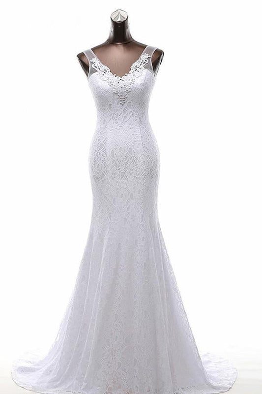 Mermaid V-neck Sweep Train Lace Wedding Dress with Beading