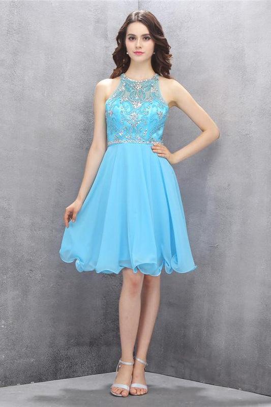 Knee-length Blue Chiffon Open Back Homecoming Dress with Beading ED81