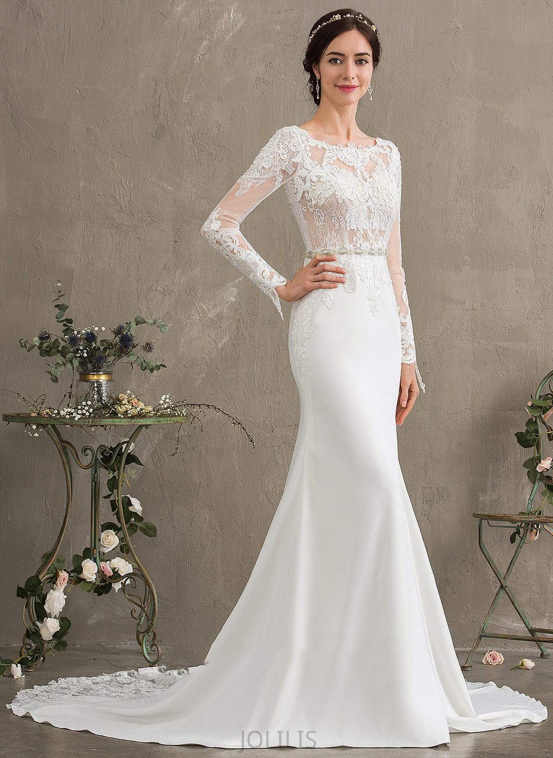 Sequins Wedding Dresses With Lace Wedding Dress Stretch Sophie Neck Scoop Crepe Train Beading Trumpet/Mermaid Chapel