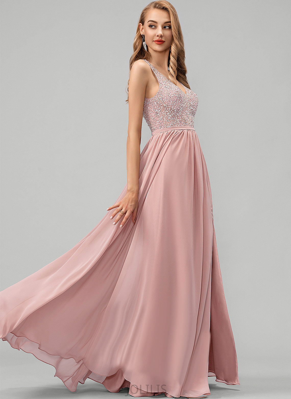 Sequins With Prom Dresses V-neck Beading Floor-Length Chiffon A-Line Delilah