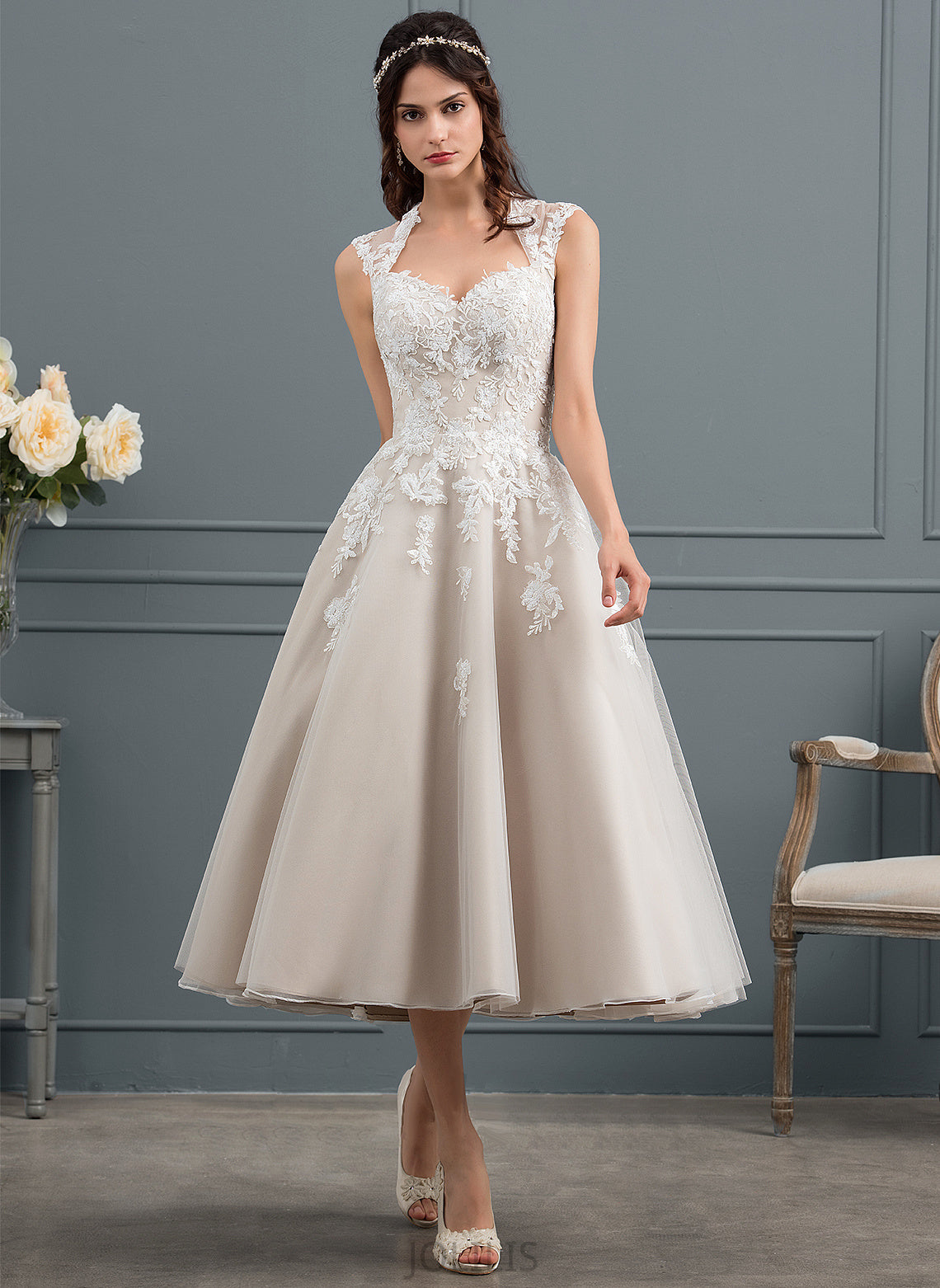 Ball-Gown/Princess Dress With Tulle Wedding Sequins Sweetheart Tea-Length Janessa Wedding Dresses