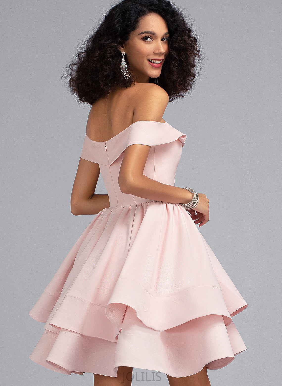 Short/Mini With Stretch Off-the-Shoulder Cascading Homecoming Kinley Dress A-Line Homecoming Dresses Ruffles Crepe