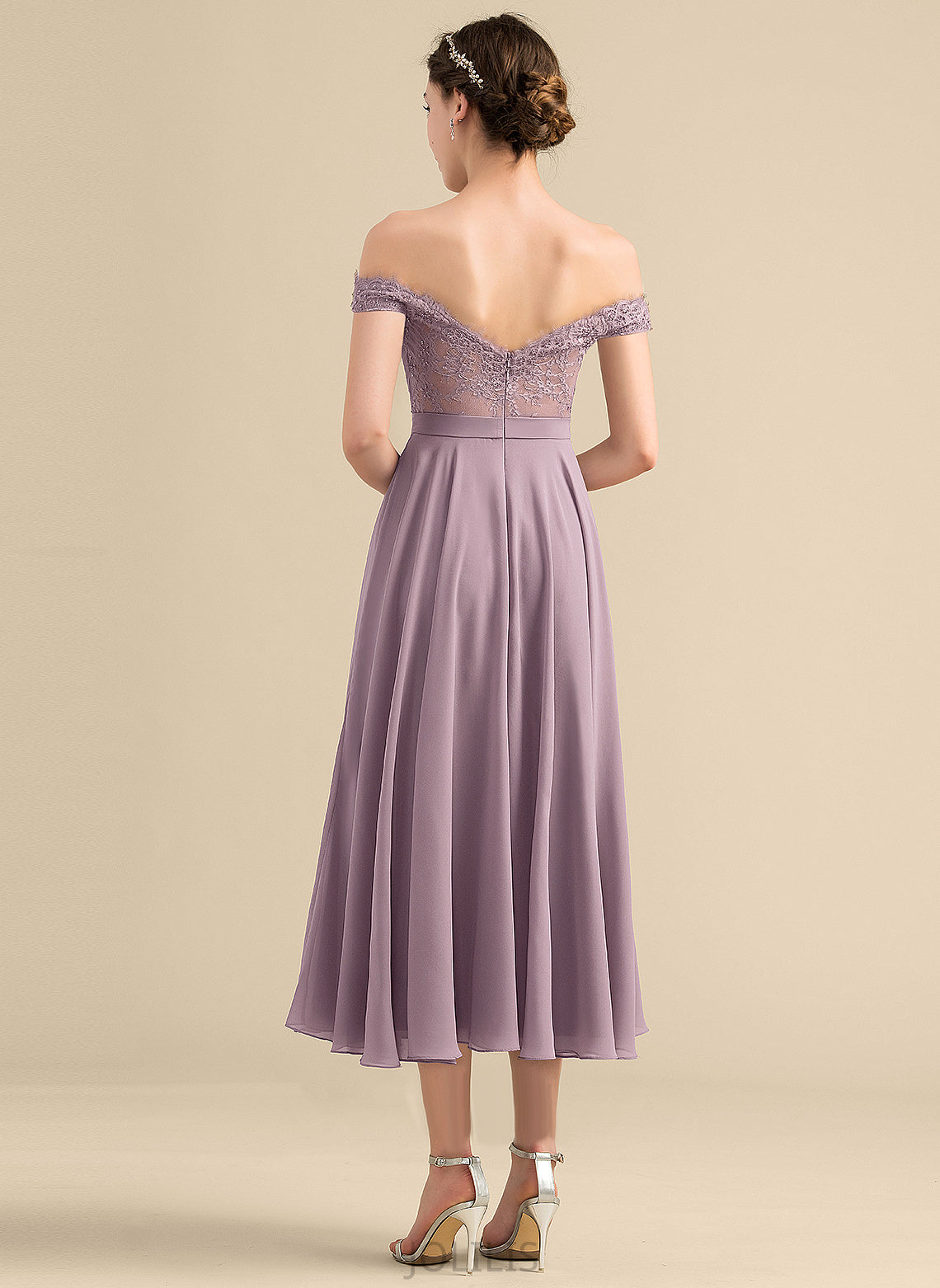 With A-Line Dress Beading Lace Homecoming Dresses Homecoming Off-the-Shoulder Tea-Length Lily Chiffon