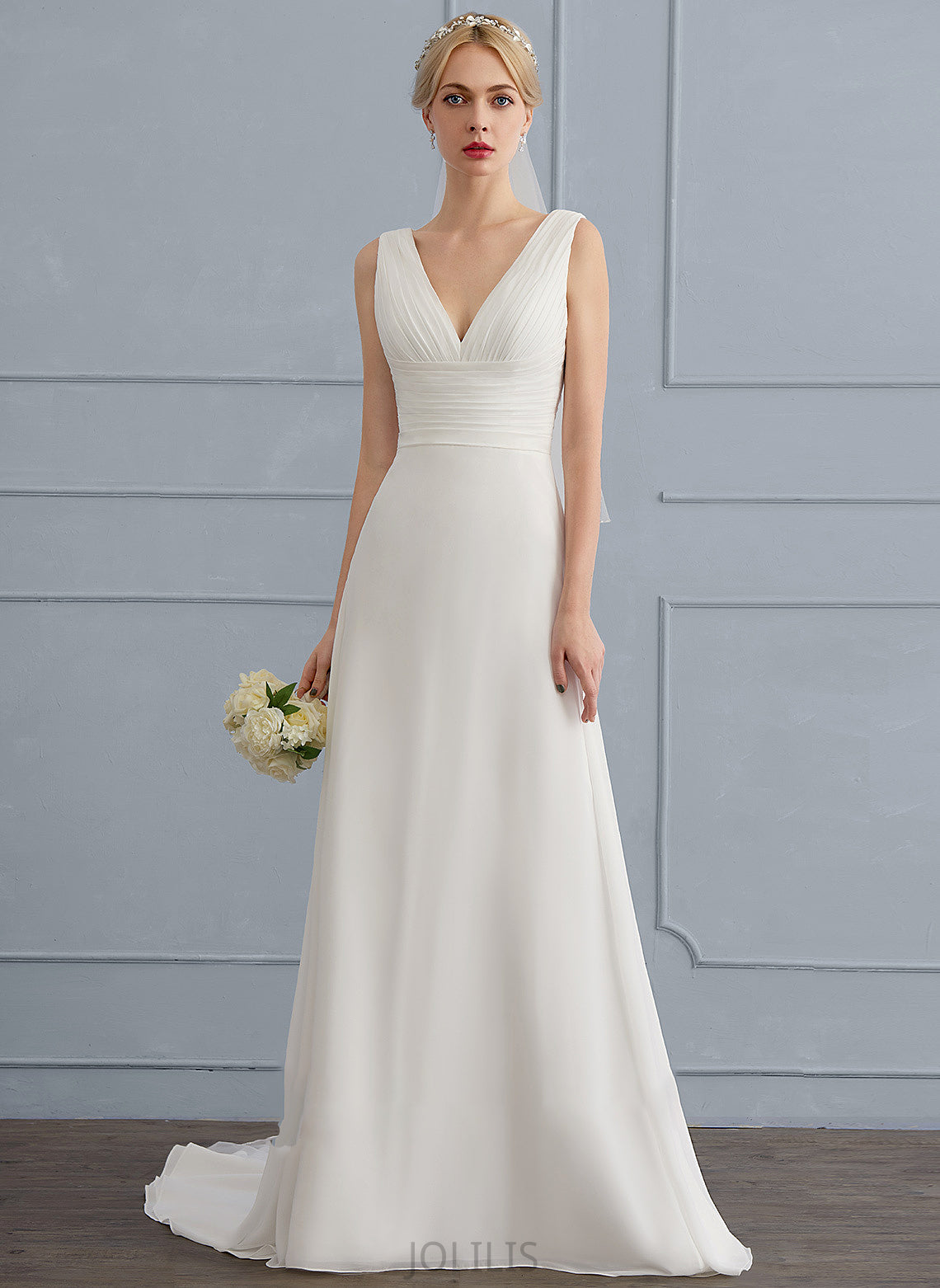 Ruffle Sweep With Train Chiffon Aimee Wedding V-neck Wedding Dresses A-Line Dress