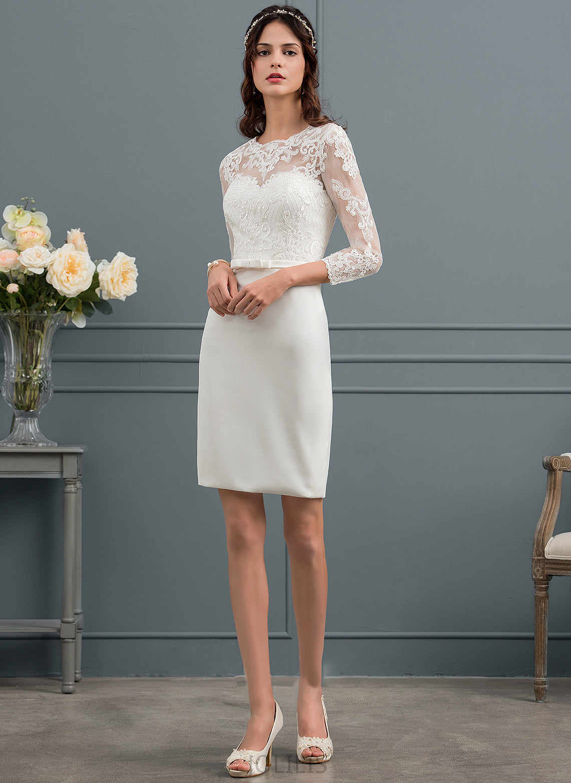 Lace Sequins Wedding Dresses With Bow(s) Crepe Ada Dress Stretch Wedding Illusion Sheath/Column Knee-Length