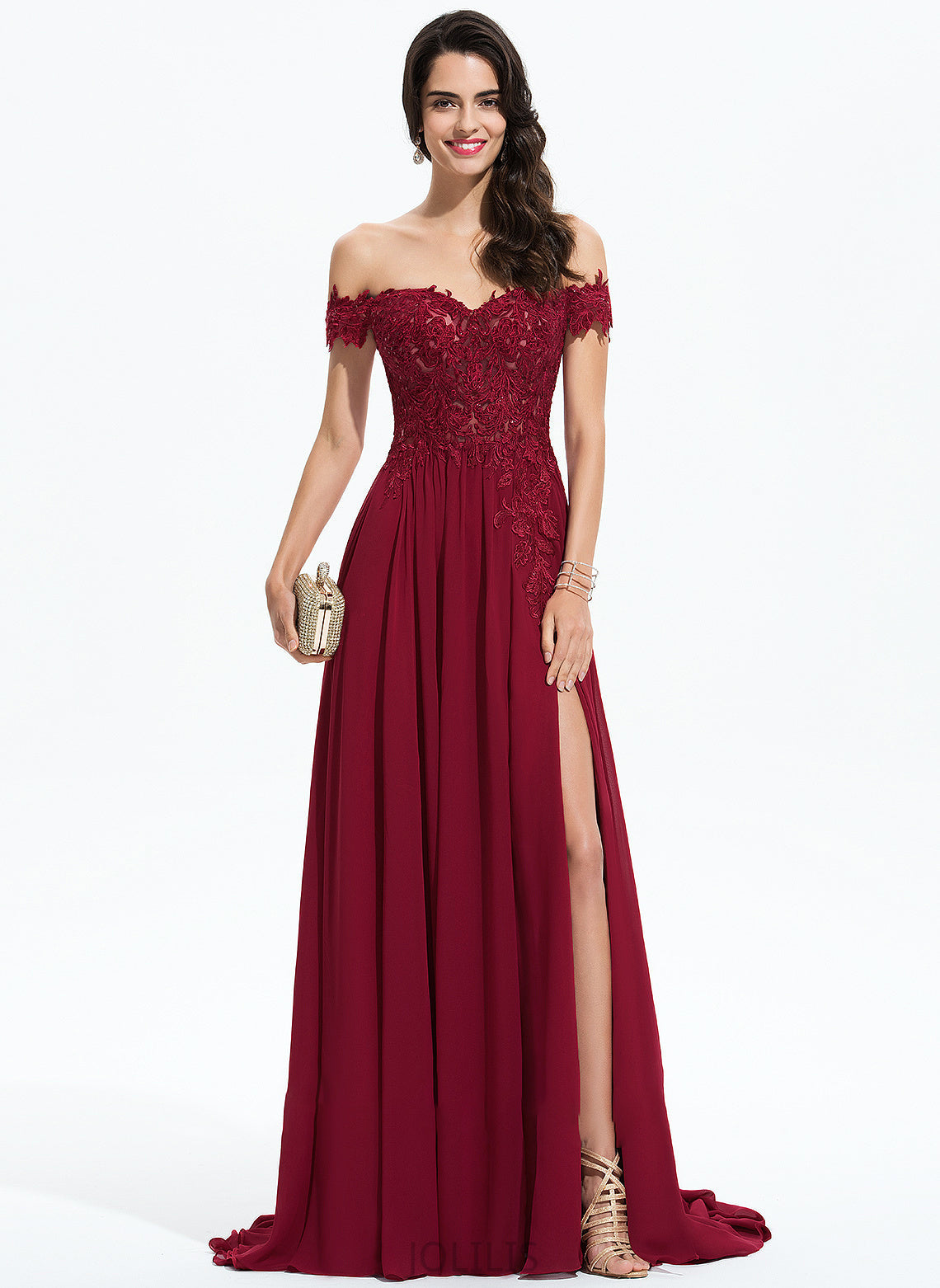 Adelyn Sweep Prom Dresses With A-Line Lace Train Sequins Off-the-Shoulder Chiffon