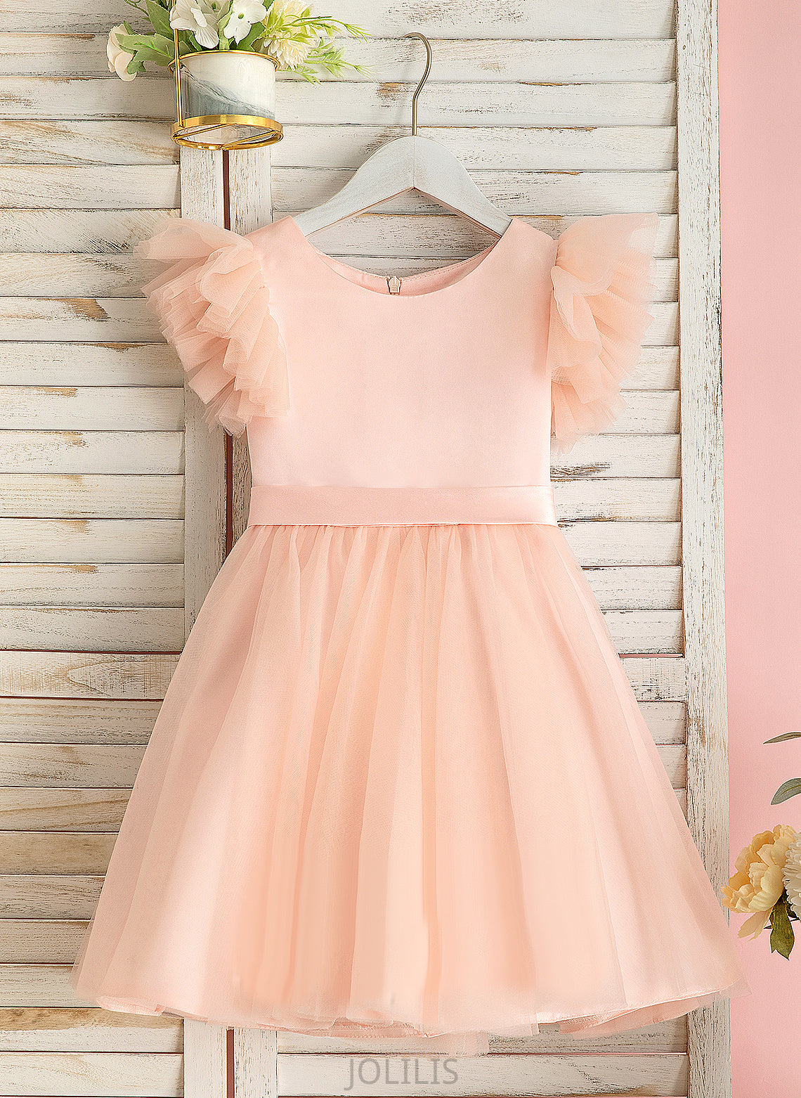 Tulle - Neck A-Line Flower Flower Girl Dresses Girl Scoop Short Dress Knee-length Sleeves Ariella