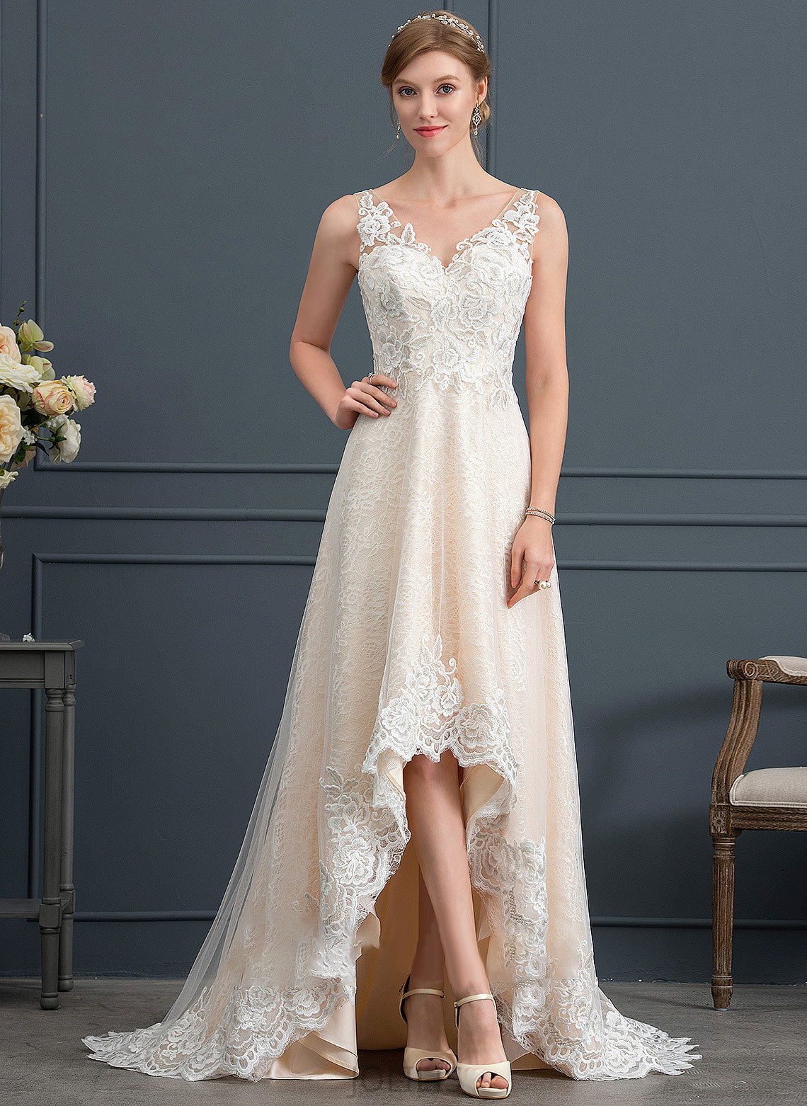 Kiana With Lace Asymmetrical Tulle V-neck Dress A-Line Wedding Dresses Wedding