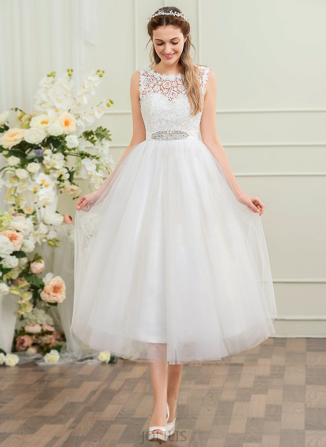 Dress Kamila Ball-Gown/Princess With Tulle Lace Tea-Length Wedding Satin Wedding Dresses Beading Sequins