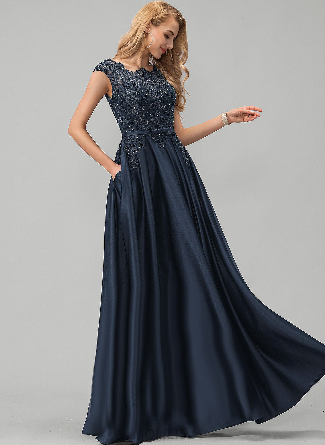 With Floor-Length Izabelle Bow(s) Scoop Beading Satin Ball-Gown/Princess Prom Dresses Sequins