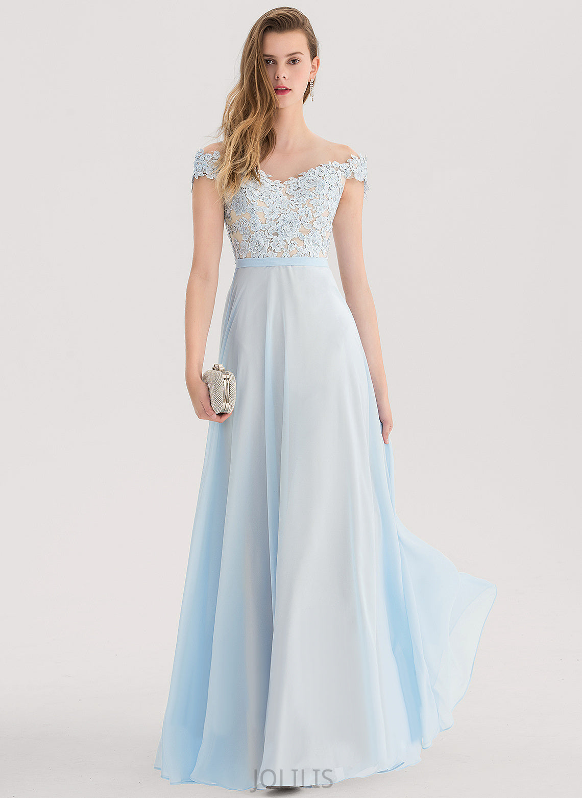 Chiffon A-Line Lace Sequins Off-the-Shoulder Prom Dresses Floor-Length Beading Cali With