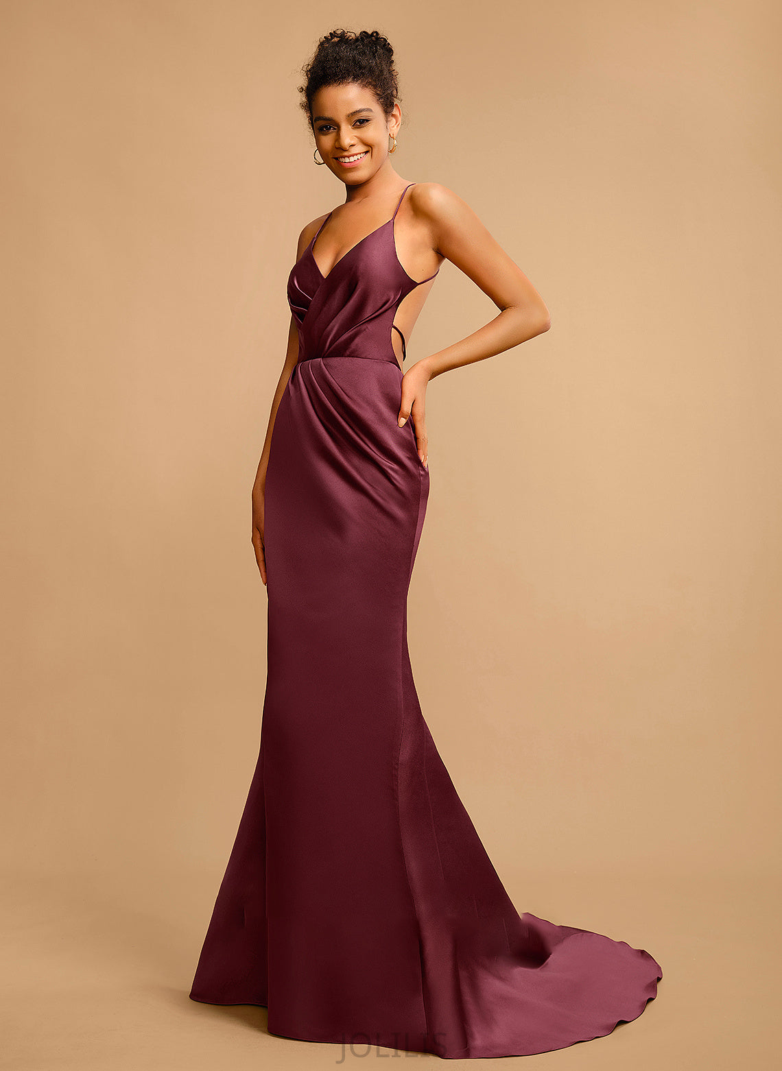 Sweep Sheath/Column With Satin Prom Dresses Cindy Train V-neck Pleated