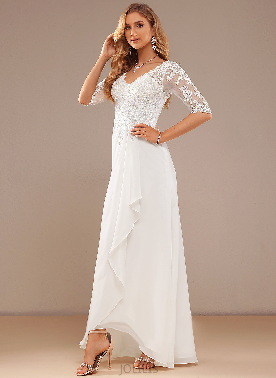 Chiffon Asymmetrical Ruffle Lace With Harper Lace V-neck A-Line Wedding Dresses Wedding Dress