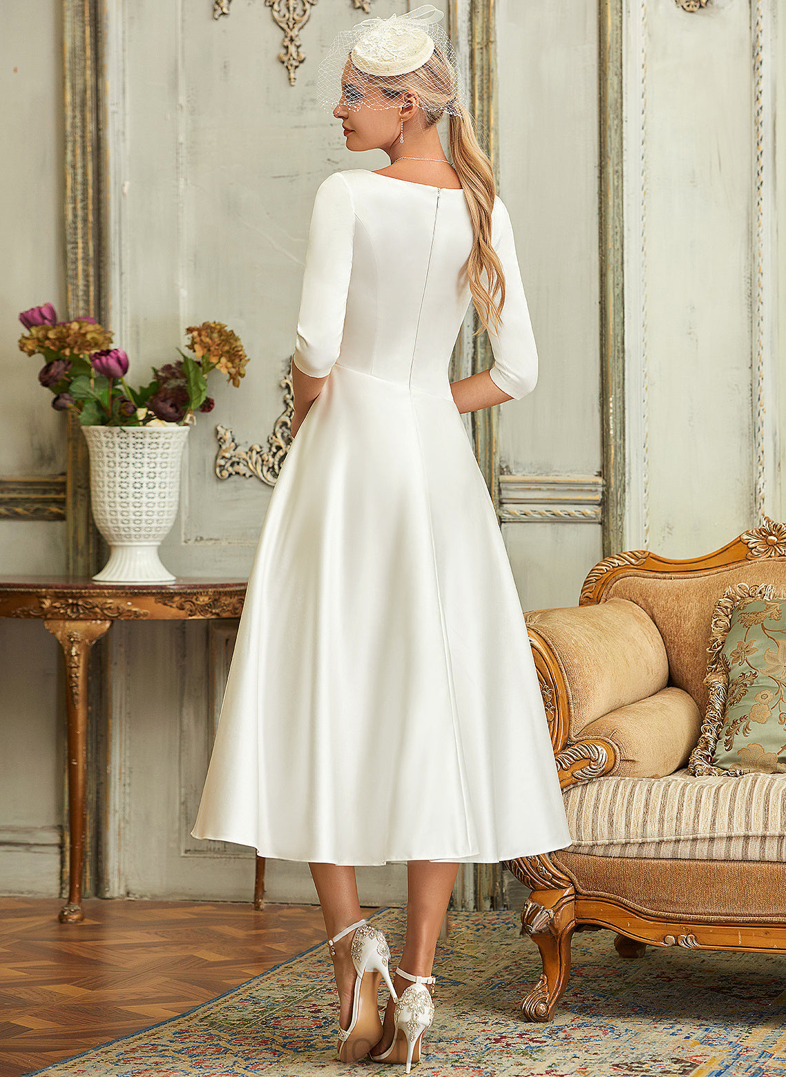 Satin Wedding Dresses Madeline Tea-Length Dress Wedding A-Line V-neck