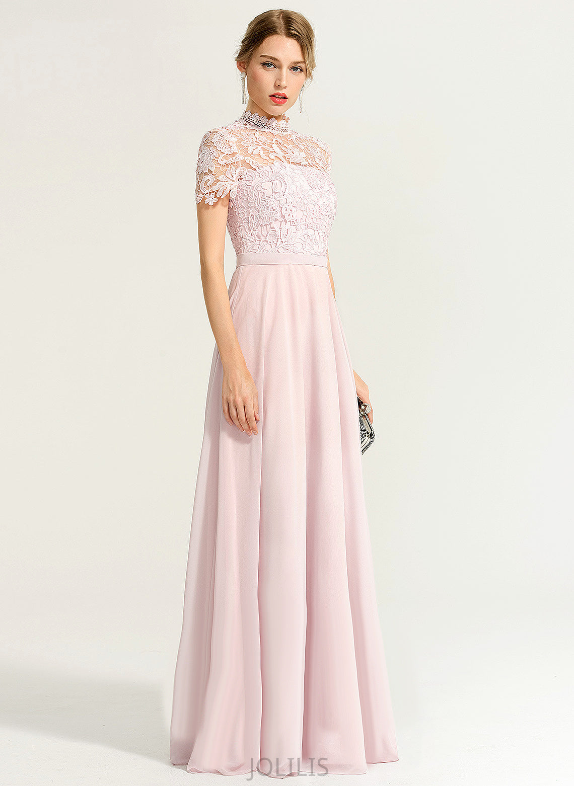 High Illusion A-Line Chiffon Lace Julianne Prom Dresses Neck Floor-Length