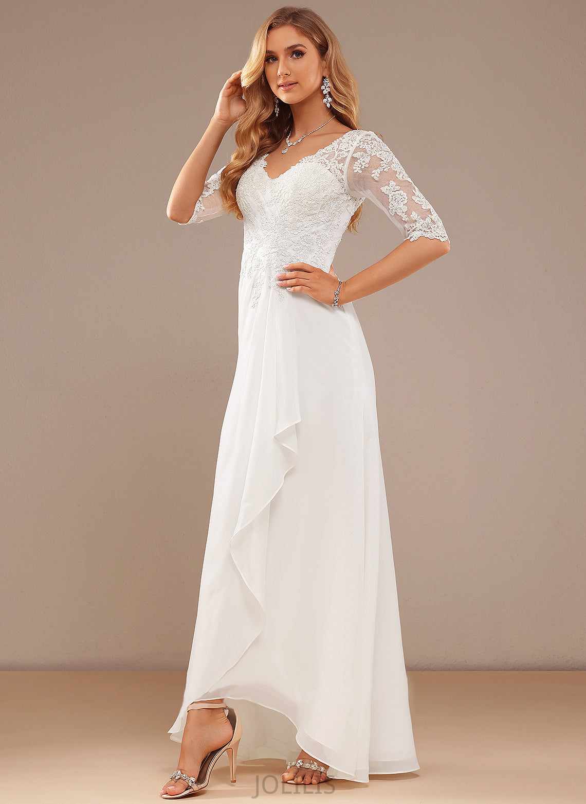 Lace Ruffle A-Line Asymmetrical Wedding Dresses Chiffon Dress Wedding Destiny With V-neck