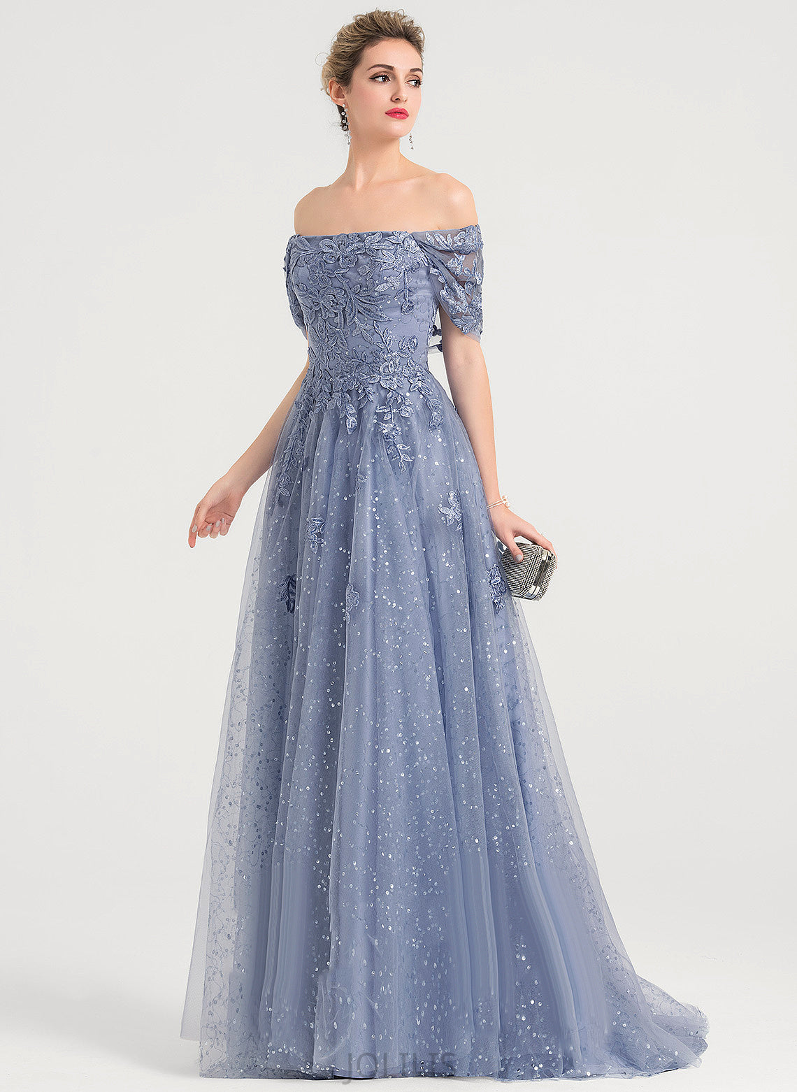 Tulle Ball-Gown/Princess Sweep Train With Jaylen Lace Prom Dresses Sequins Off-the-Shoulder