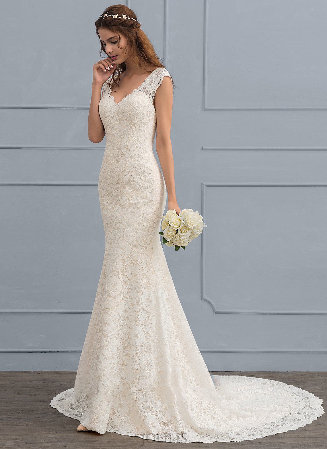 Wedding Court V-neck Trumpet/Mermaid Paisley Lace Wedding Dresses Dress Train