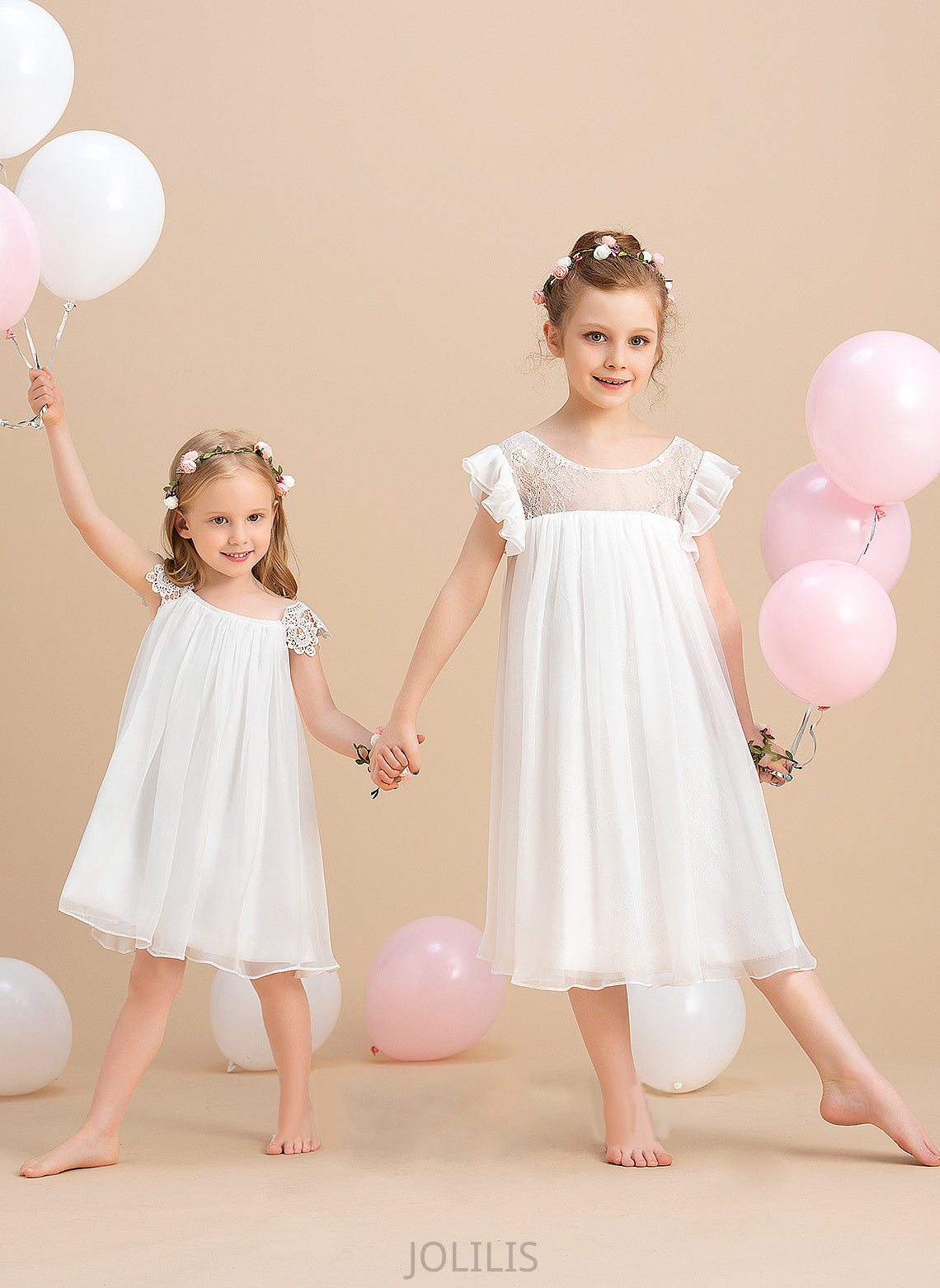 Scoop Neck Selina Short Girl - Flower With Dress Flower Girl Dresses Chiffon Lace Knee-length A-Line Sleeves