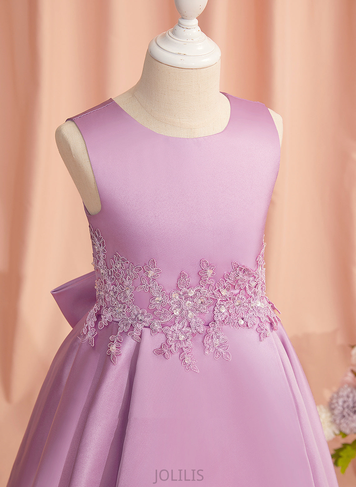 Flower Girl Dresses Sleeveless Flower With Girl Neck Scoop - A-Line Satin/Tulle Dress Lace/Beading/Bow(s) Pam Asymmetrical