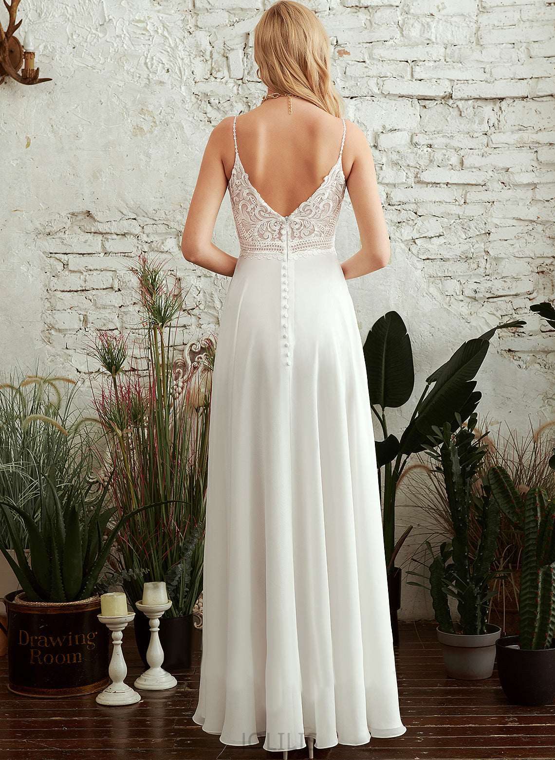 Lace With Floor-Length A-Line Maia Chiffon Wedding V-neck Wedding Dresses Split Front Dress