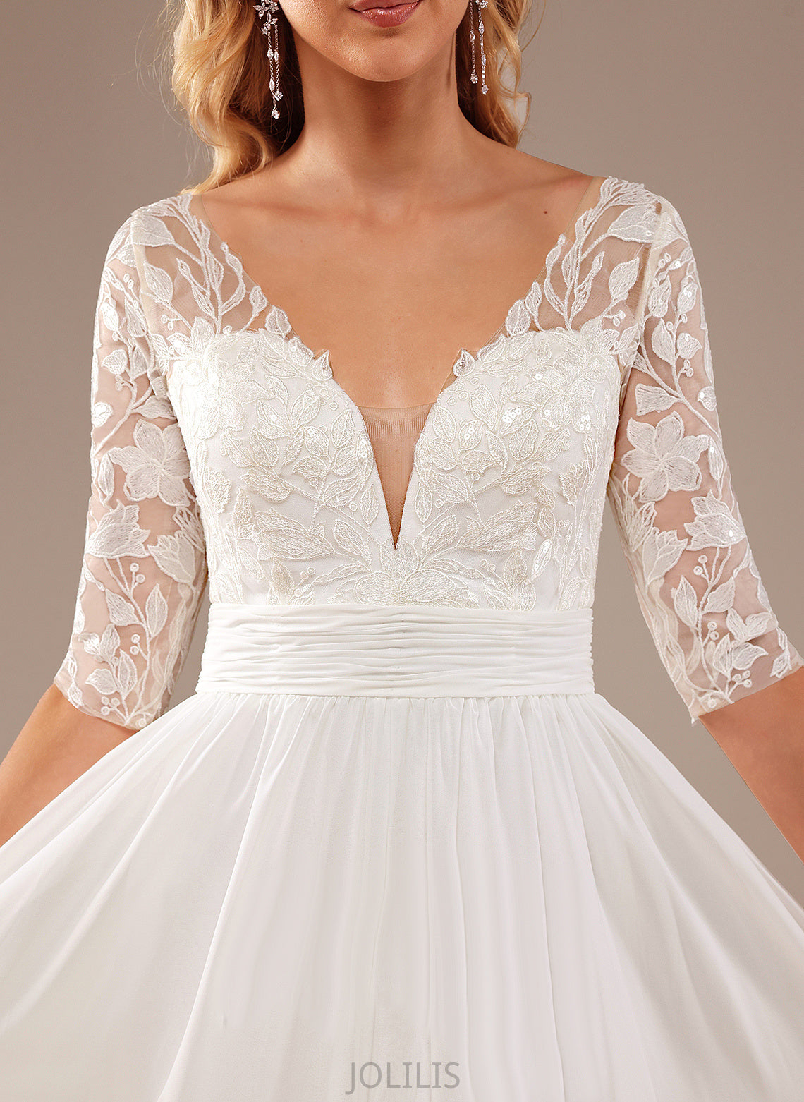 Wedding Dresses Sequins A-Line Lace Wedding With Lace Floor-Length Haleigh Dress Ruffle Chiffon V-neck