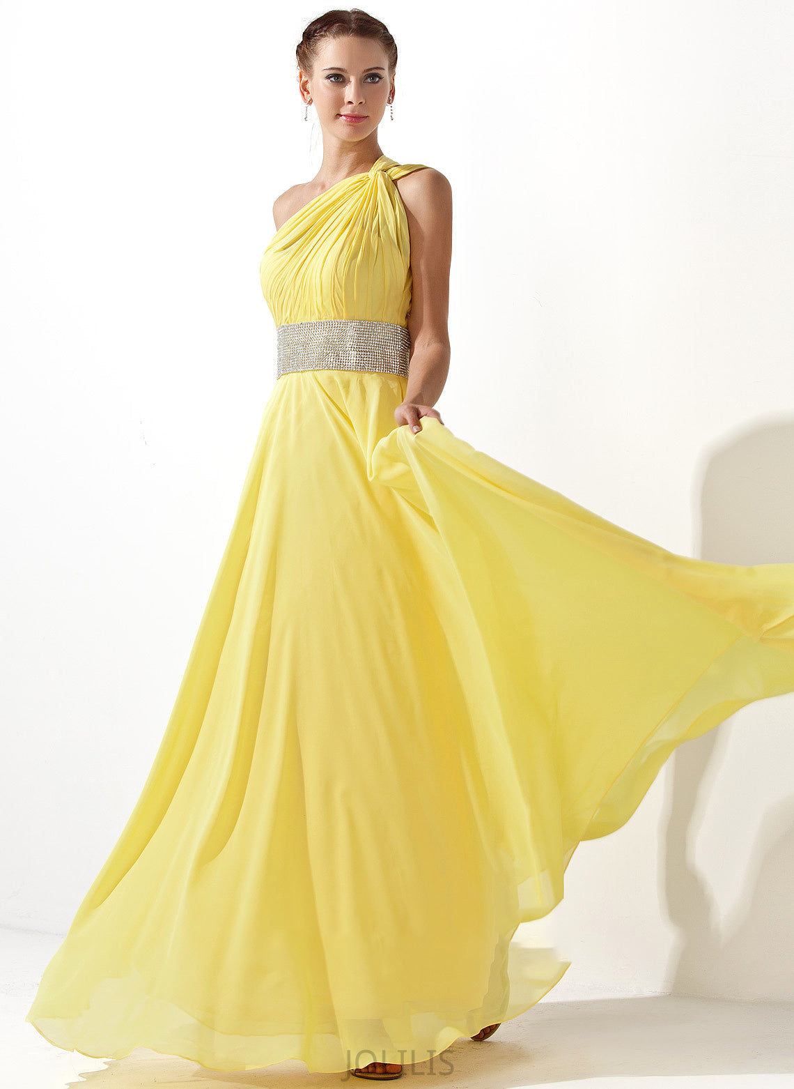 Floor-Length One-Shoulder Chiffon Kira With Ruffle Prom Dresses A-Line Beading