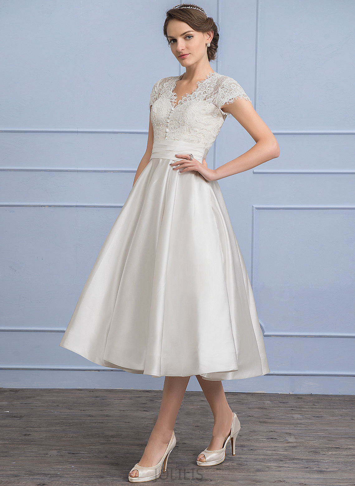 Samara Dress V-neck Satin Wedding Dresses A-Line Wedding Ruffle Pockets With Tea-Length