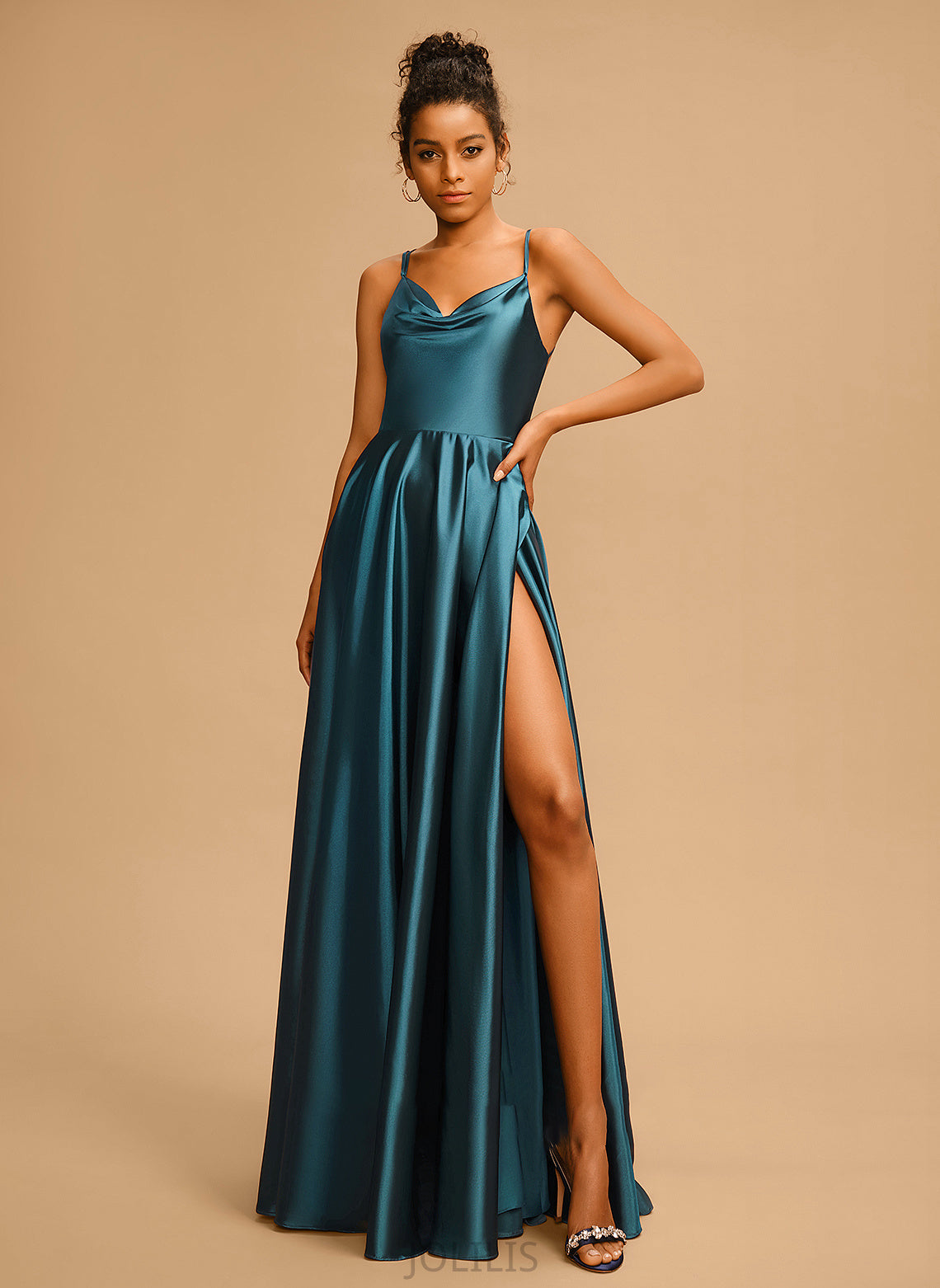 Floor-Length Satin Prom Dresses Elena Neck Cowl A-Line