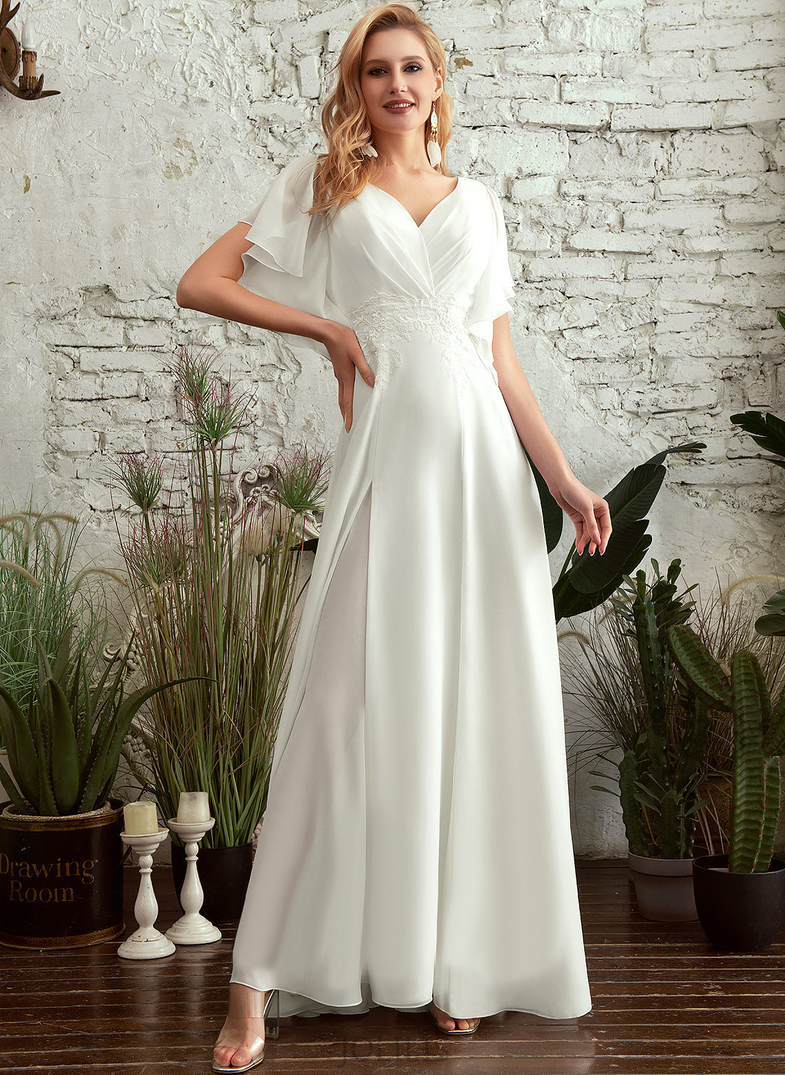 Front Split Wedding Dress V-neck Lace With Isla Floor-Length Chiffon A-Line Wedding Dresses